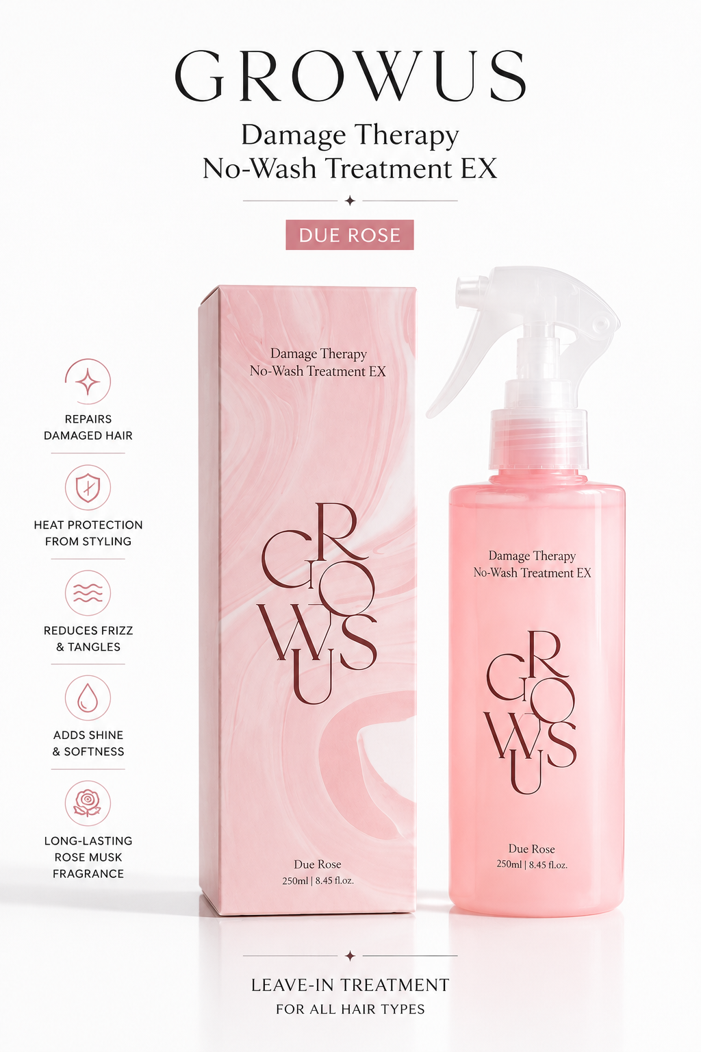 GROWUS Damage Therapy No-Wash Treatment EX Leave-In Conditioner Spray (Due Rose) 250ml
