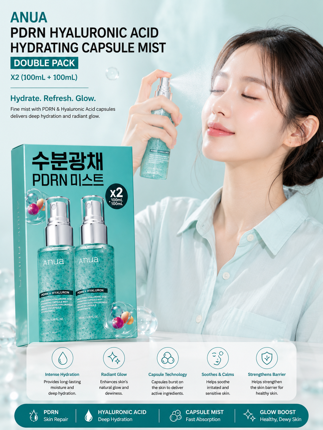 Anua PDRN Hyaluronic Acid Hydrating Capsule Mist Double Pack (100ml + 100ml)