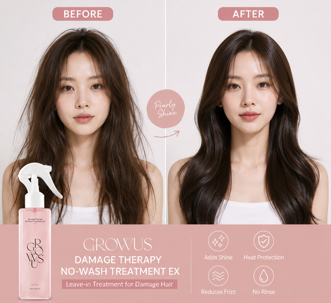 GROWUS Damage Therapy No-Wash Treatment EX Leave-In Conditioner Spray (Due Rose) 250ml